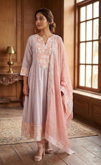 Champagne Beige Thread Hand-Embroidered Anarkali Set With Dupatta