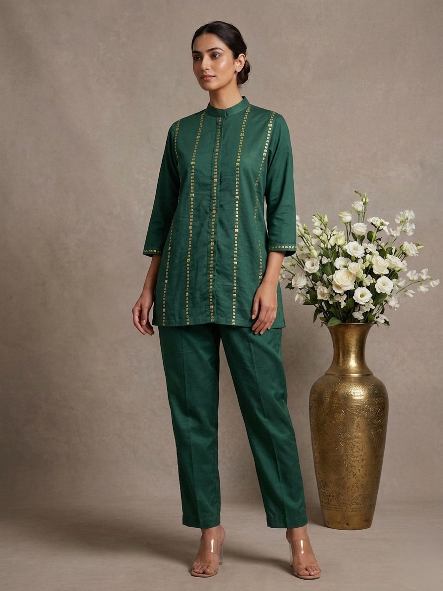 Lumière Green Hand-Embroidered Cotton Co-ord Set
