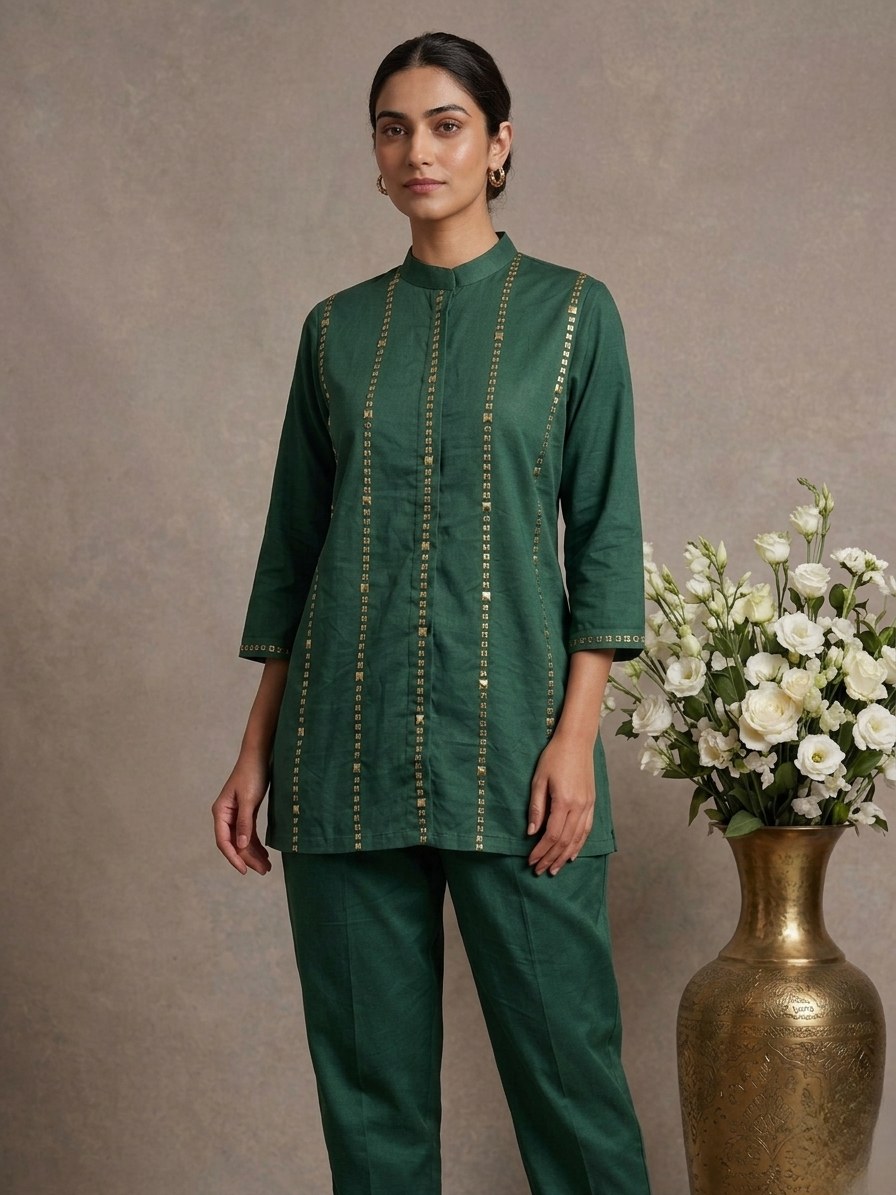 Lumière Green Hand-Embroidered Cotton Co-ord Set