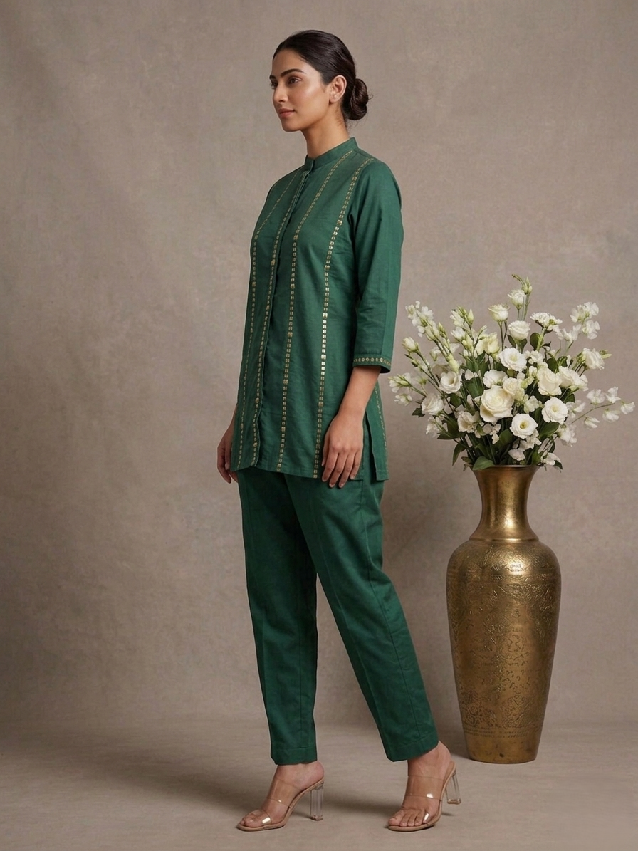 Lumière Green Hand-Embroidered Cotton Co-ord Set