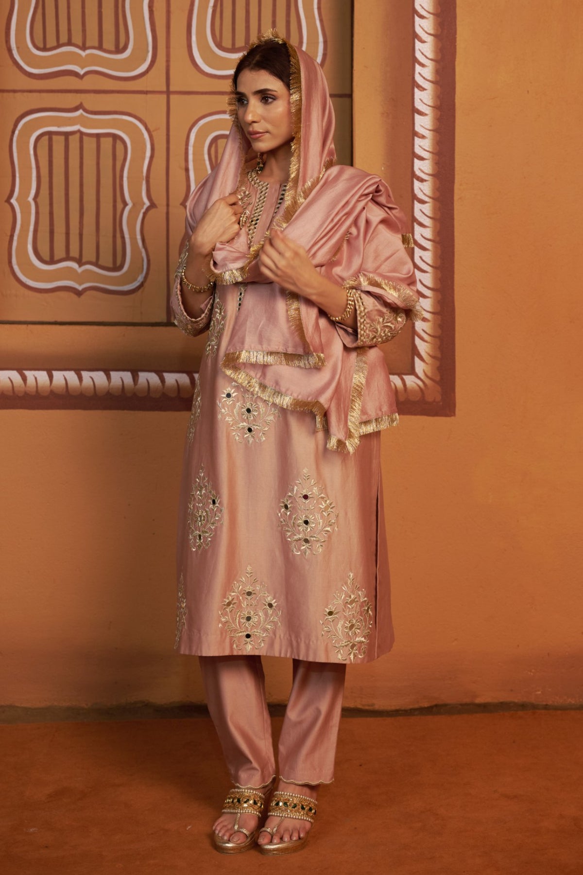 Gulal Onion Pink Jari Butti Mirror Work Kurta Set