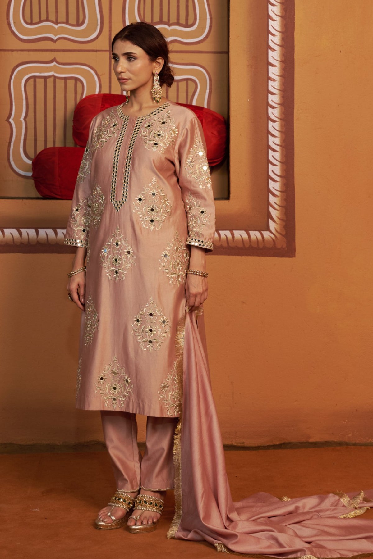Gulal Onion Pink Jari Butti Mirror Work Kurta Set