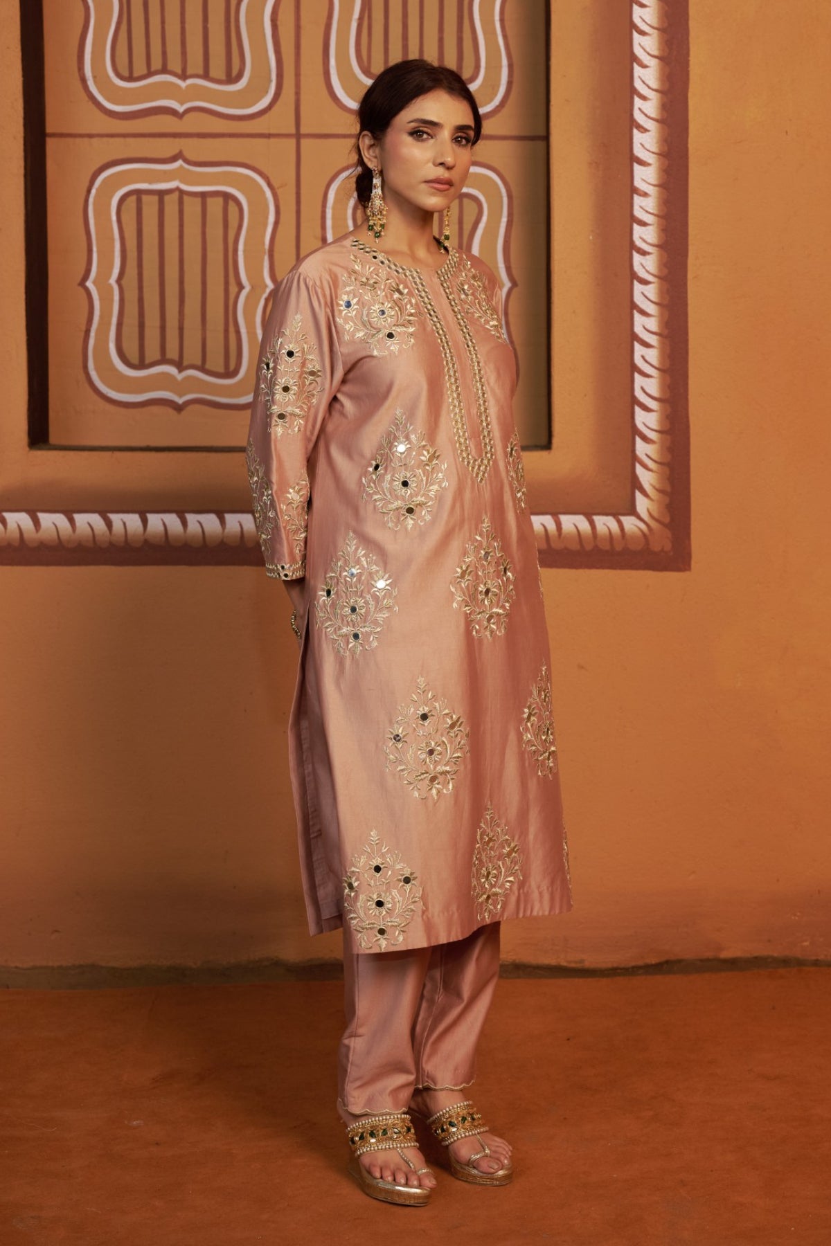Gulal Onion Pink Jari Butti Mirror Work Kurta Set