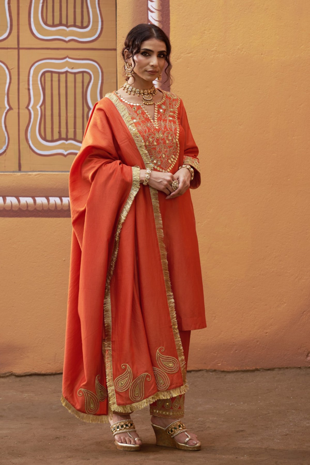 Hand embroidred katdana work kurta set with dupatta
