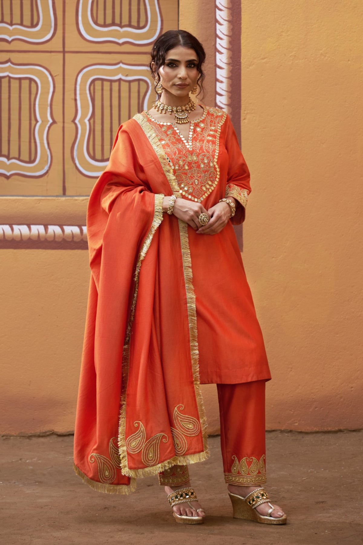 Hand embroidred katdana work kurta set with dupatta
