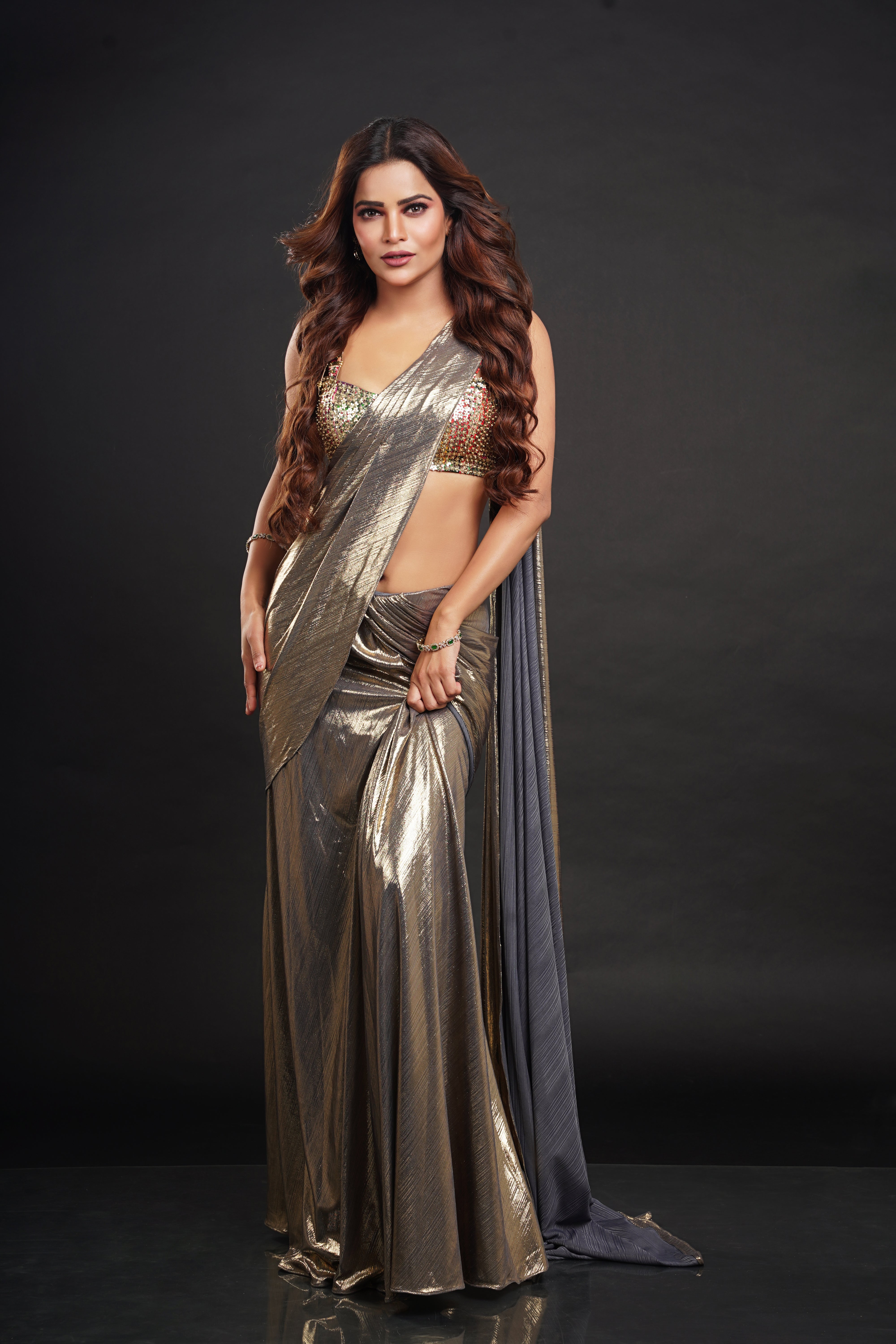 Archana Gautam in our Heavy Hand-Embroidered Blouse with Pre-Draped Gold Saree