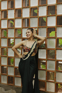 Maalavika Sundar in our Metallic Green Zardosi Hand-Embroidered Pre-Draped Saree Set