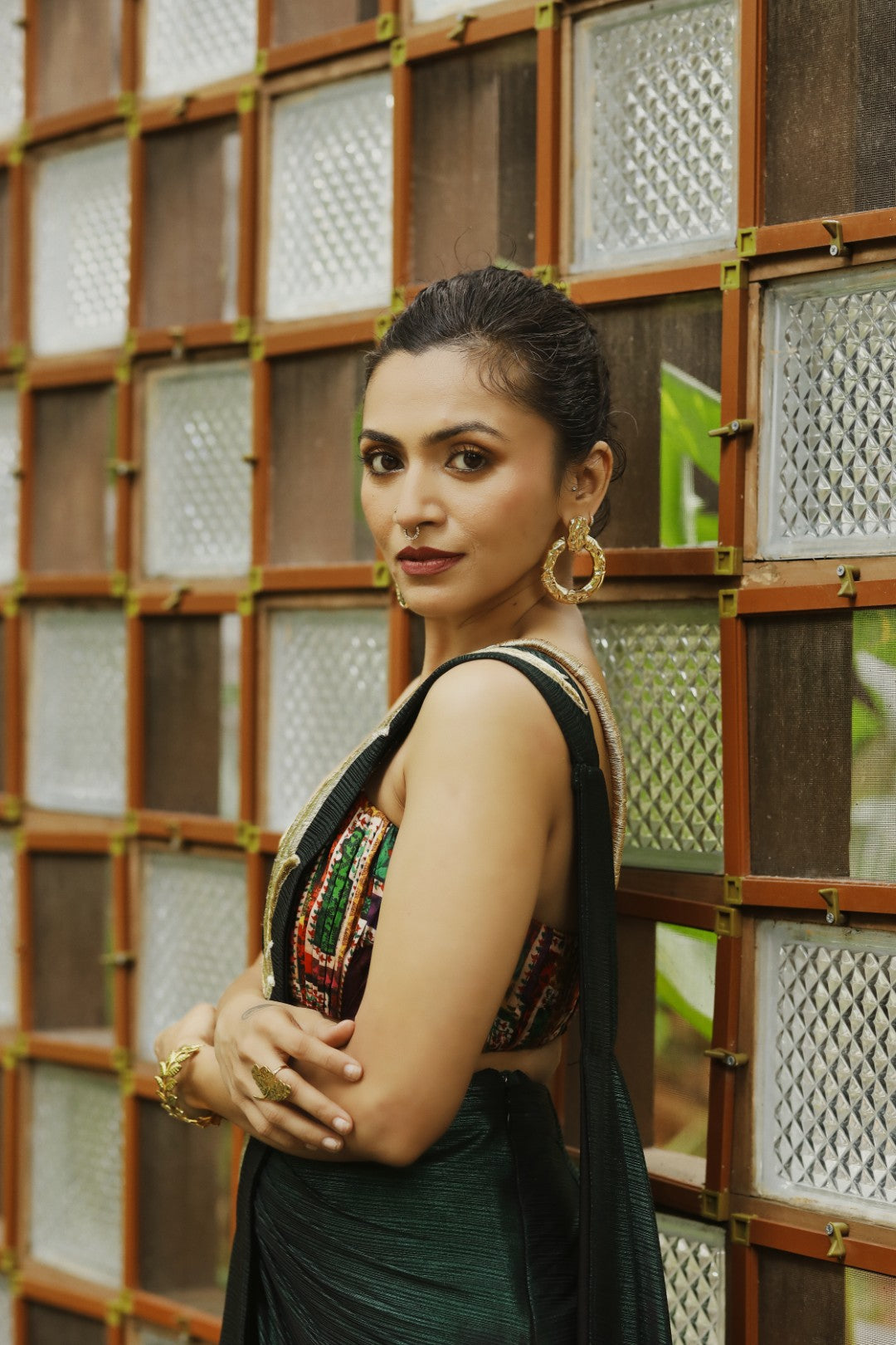 Maalavika Sundar in our Metallic Green Zardosi Hand-Embroidered Pre-Draped Saree Set