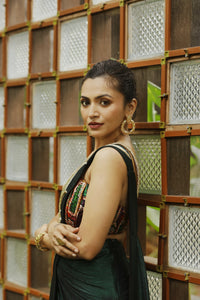 Maalavika Sundar in our Metallic Green Zardosi Hand-Embroidered Pre-Draped Saree Set