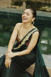 Maalavika Sundar in our Metallic Green Zardosi Hand-Embroidered Pre-Draped Saree Set