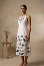 Indira - White & Blue Hand-Embroidered Cotton Linen Long Dress
