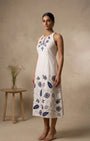Indira - White & Blue Hand-Embroidered Cotton Linen Long Dress