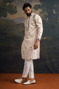 Ishaan Ivory Gold Hand Embroidered Round Mirror Work Kurta Set