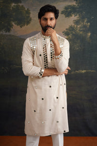 Ishaan Ivory Gold Hand Embroidered Round Mirror Work Kurta Set