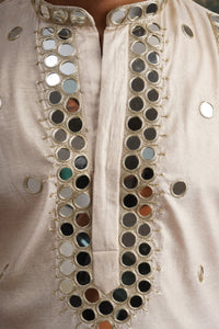Ishaan Ivory Gold Hand Embroidered Round Mirror Work Kurta Set