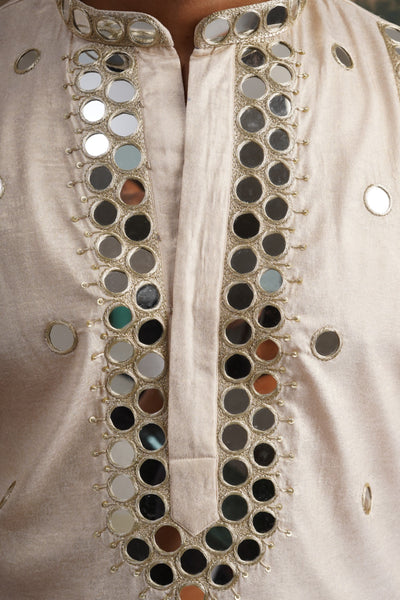 Ishaan Ivory Gold Hand Embroidered Round Mirror Work Kurta Set