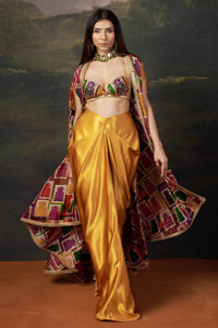Kiara - Yellow Bold Bralette Blouse with Embellished Handwork, Cape & Dhoti