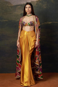 Kiara - Yellow Bold Bralette Blouse with Embellished Handwork, Cape & Dhoti