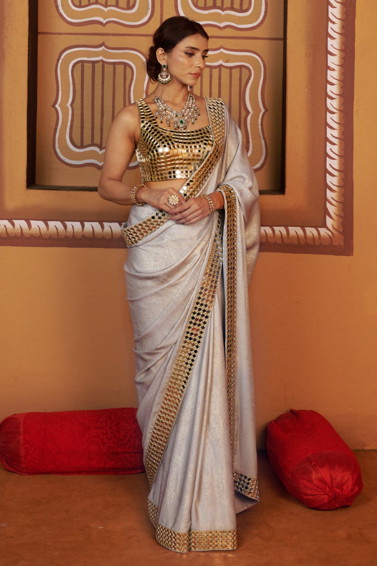 Chandrika - Blue & Gold Mirror Work Hand-Embroidered Saree Set