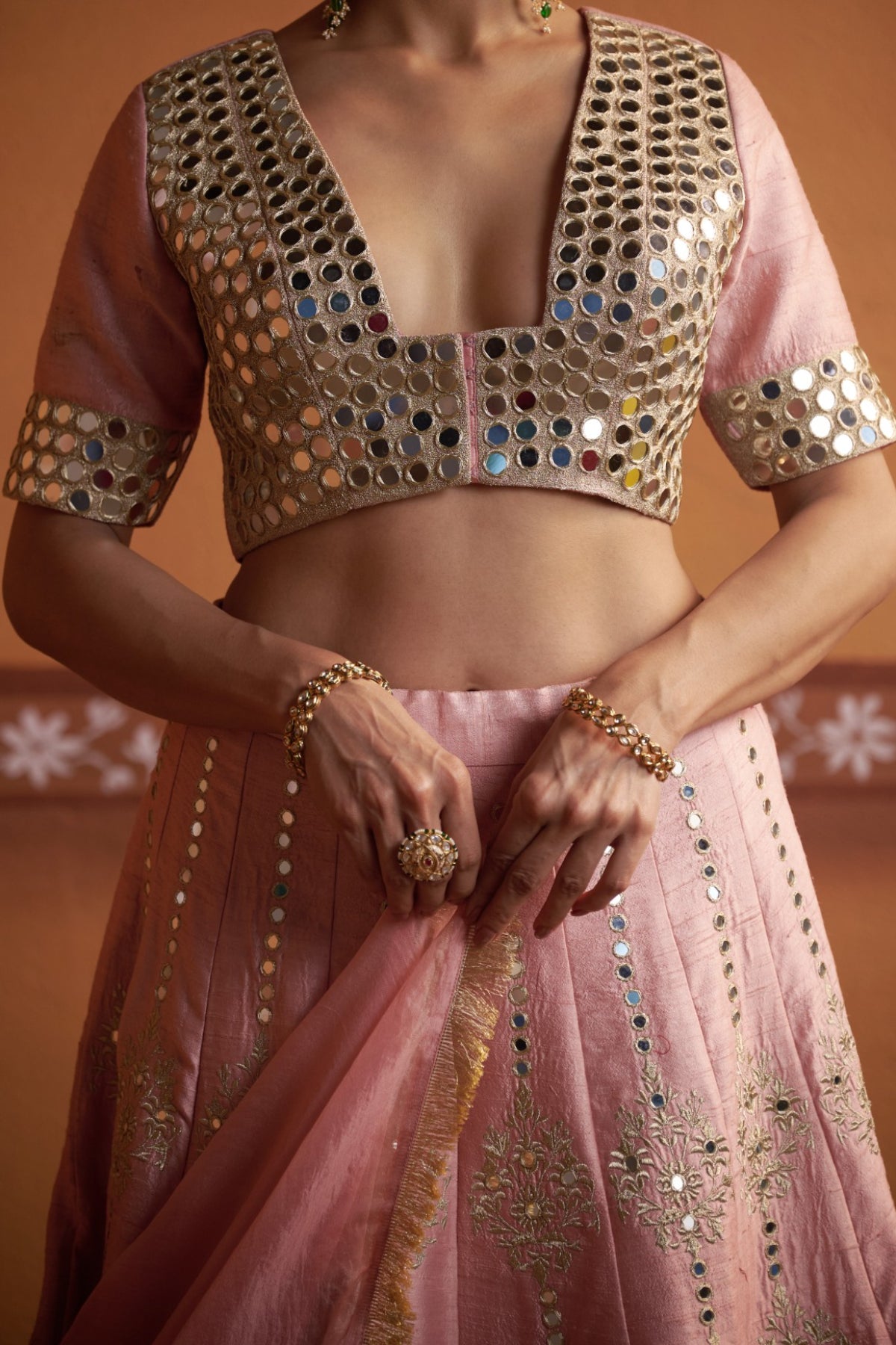 Komal - Blush Pink Hand-Embroidered Kalidar Lehenga Set