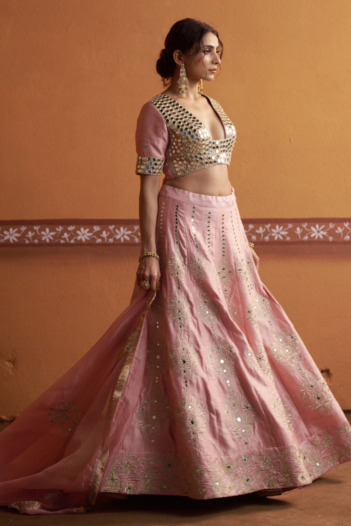 Komal - Blush Pink Hand-Embroidered Kalidar Lehenga Set