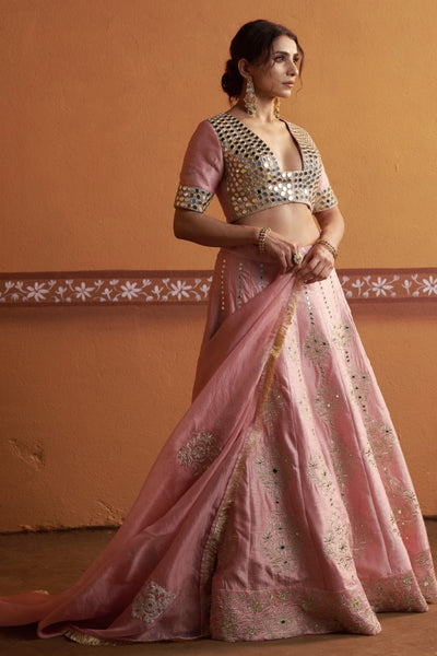 Komal - Blush Pink Hand-Embroidered Kalidar Lehenga Set