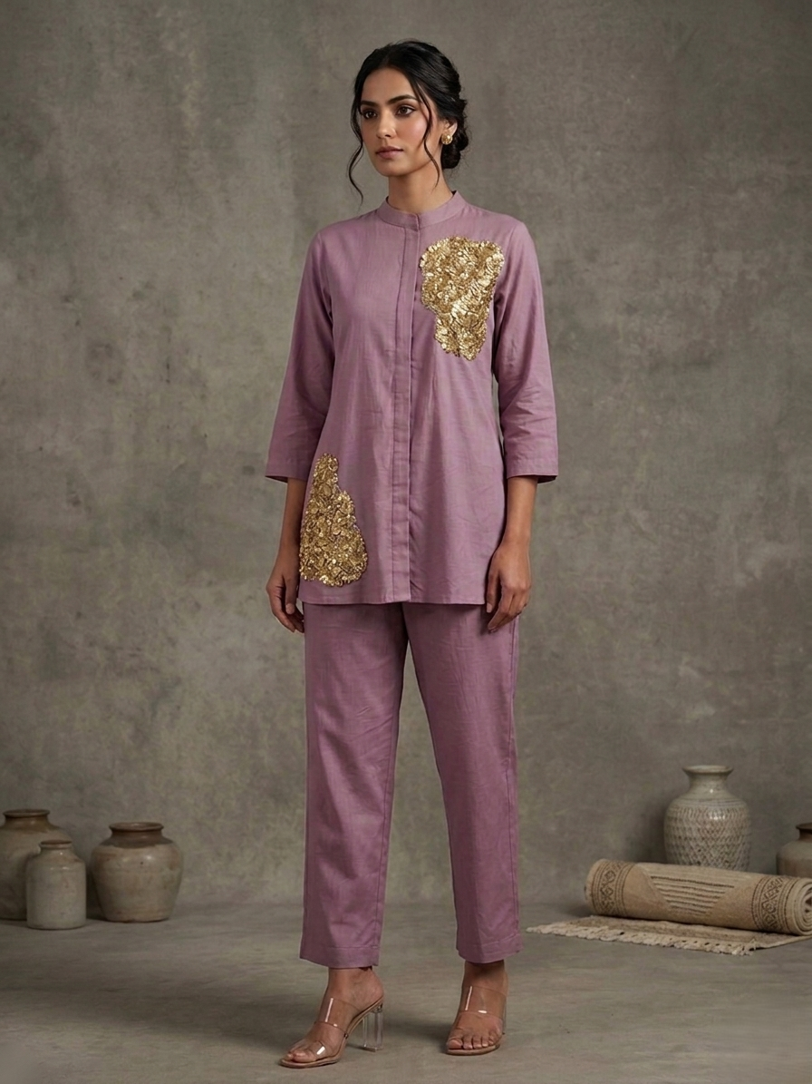 Golden Hour Lavender Hand-Embroidered Cotton Co-ord Set