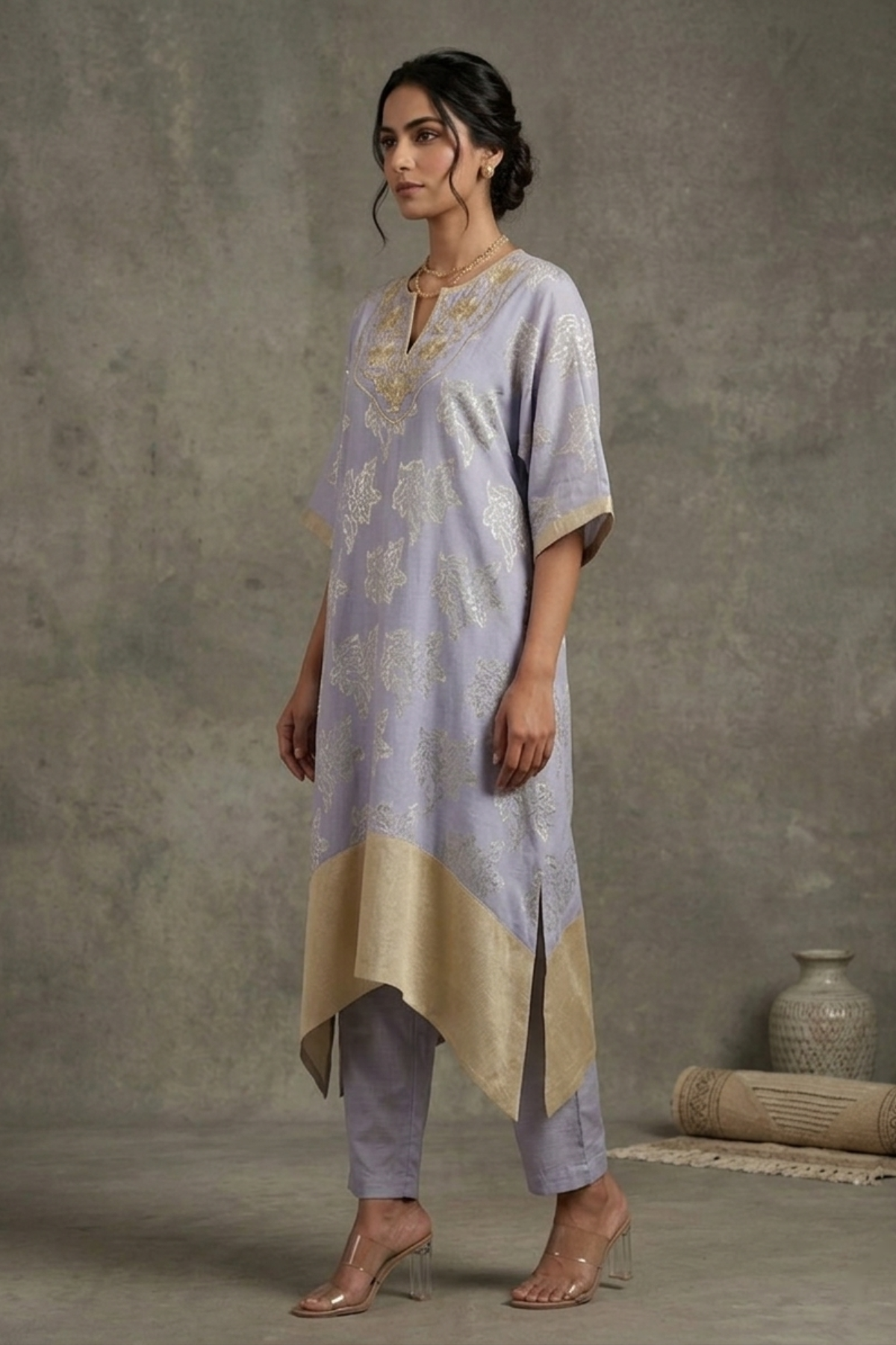 Sunkissed Petal - Lavender Hand-Embroidered Chanderi Silk Kaftan Set