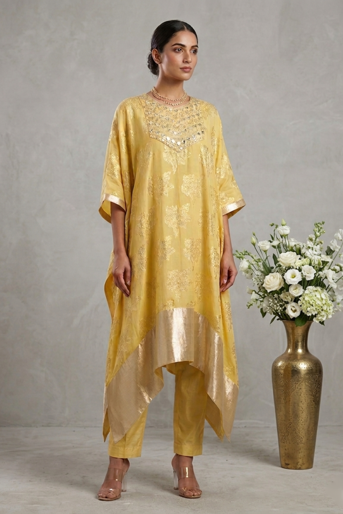 Marigold Whisper- Lemon Yellow Hand-Embroidered Chanderi Silk Kaftan Set