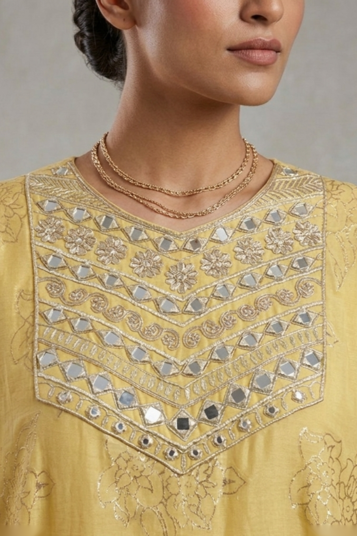 Marigold Whisper- Lemon Yellow Hand-Embroidered Chanderi Silk Kaftan Set