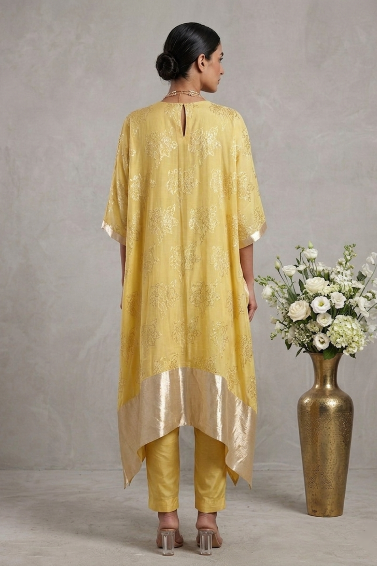 Marigold Whisper- Lemon Yellow Hand-Embroidered Chanderi Silk Kaftan Set