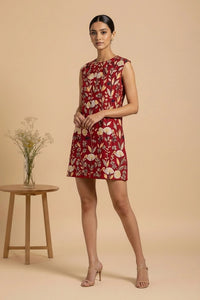 Liora - Red Hand-Embroidered Floral Chanderi Cotton Mini Dress