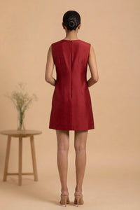 Liora - Red Hand-Embroidered Floral Chanderi Cotton Mini Dress