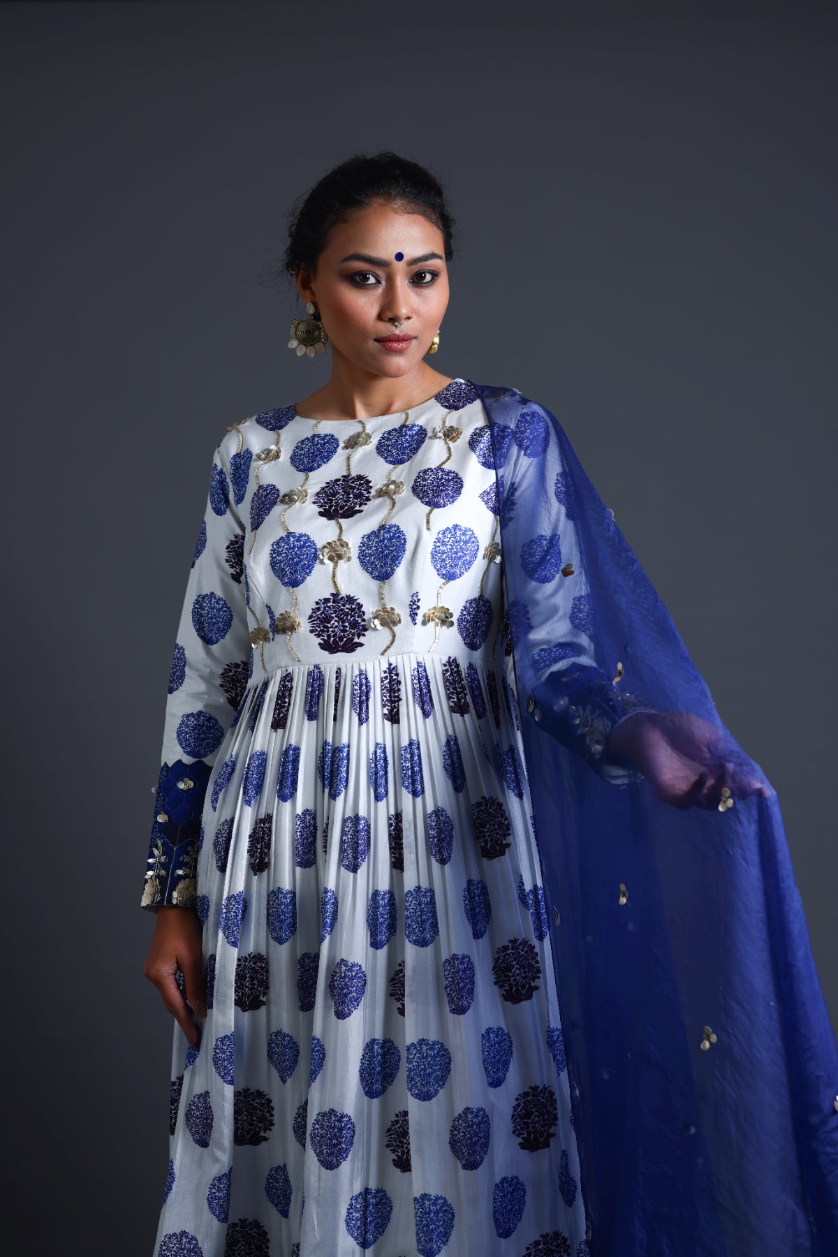 Mehr - Blue Hand-Embroidered Anarkali With Sharara & Dupatta