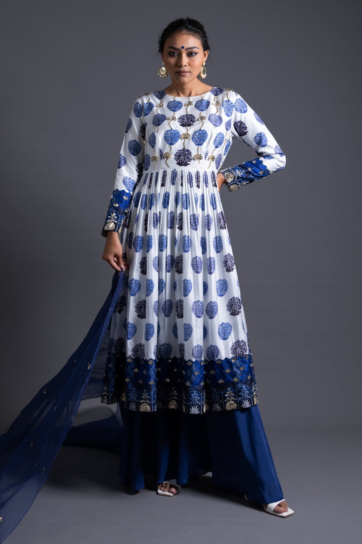 Mehr - Blue Hand-Embroidered Anarkali With Sharara & Dupatta
