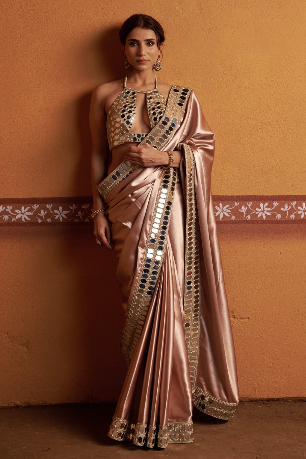 Mrida - Clay Tone Mirror Work Hand-Embroidered Saree Set