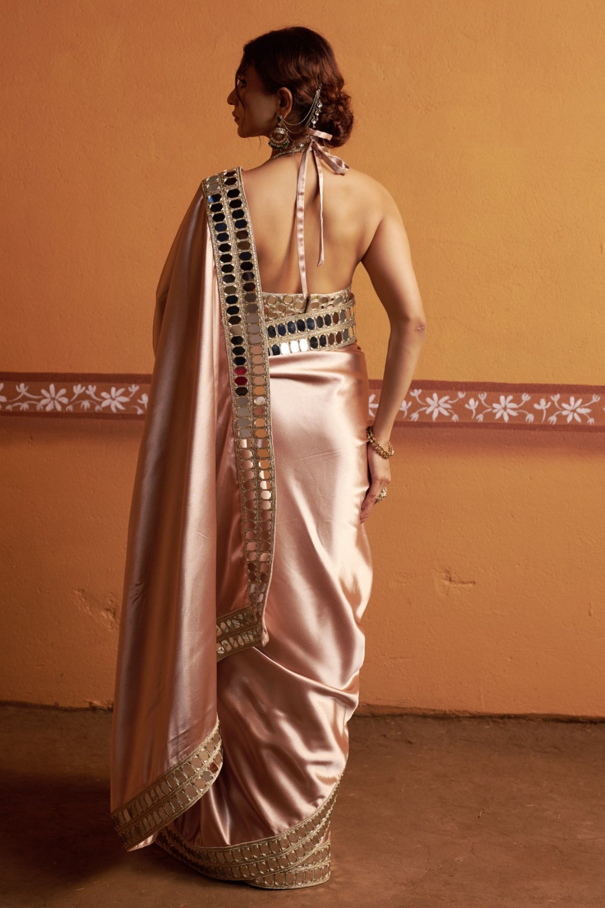 Mrida - Clay Tone Mirror Work Hand-Embroidered Saree Set