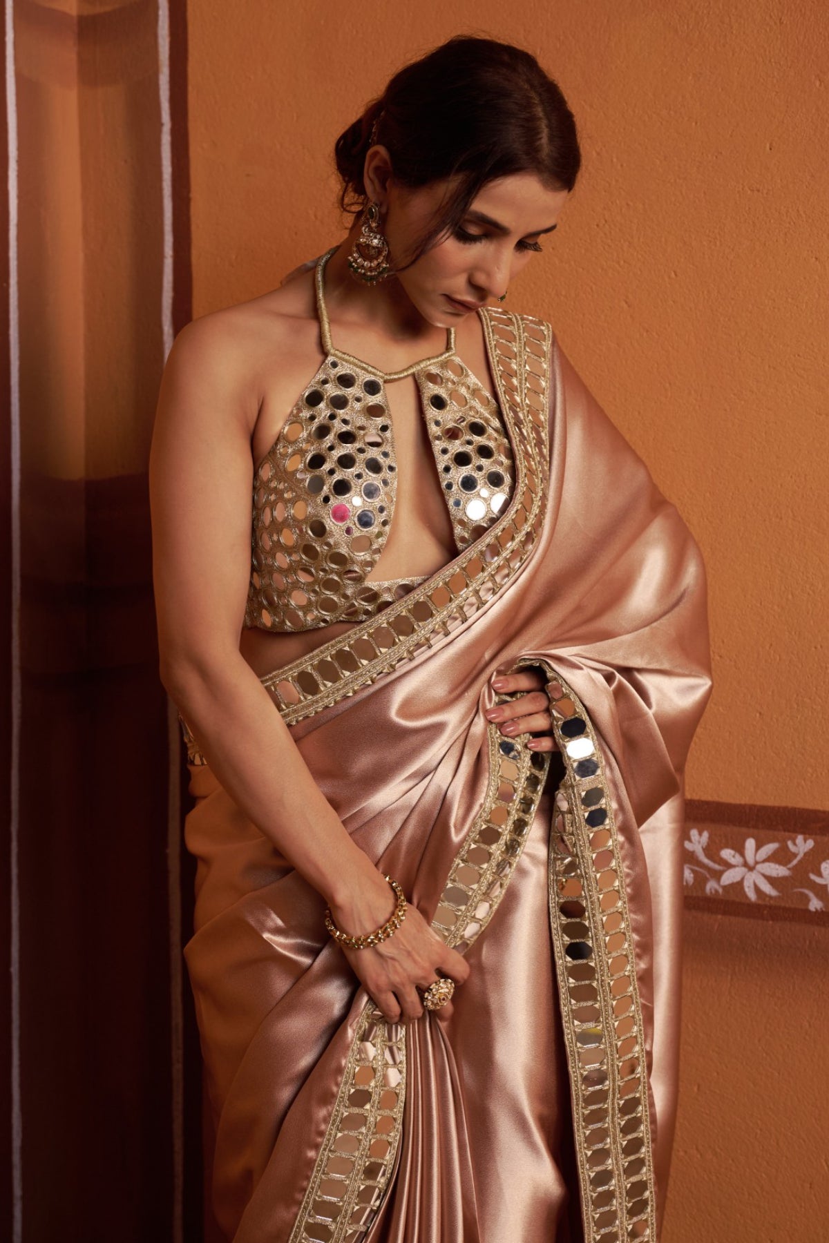 Mrida - Clay Tone Mirror Work Hand-Embroidered Saree Set