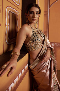 Mrida - Clay Tone Mirror Work Hand-Embroidered Saree Set