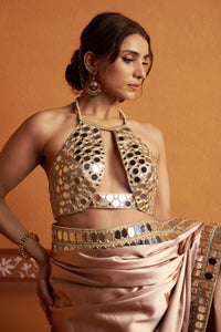 Mrida - Clay Tone Mirror Work Hand-Embroidered Saree Set