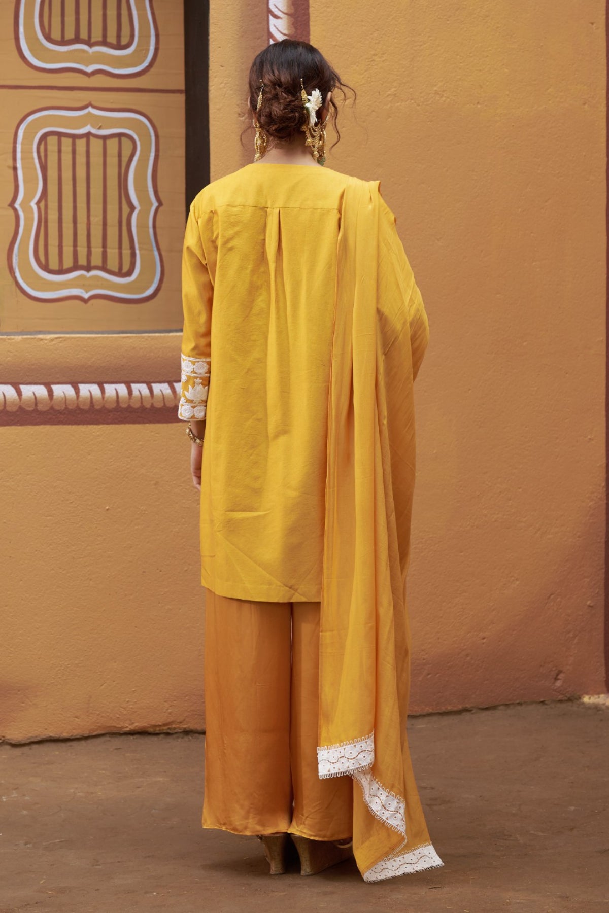 Mrinal Golden Yellow Lotus Motif Thread Work Kurta Set