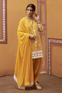 Mrinal Golden Yellow Lotus Motif Thread Work Kurta Set