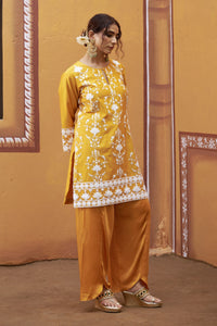 Mrinal Golden Yellow Lotus Motif Thread Work Kurta Set