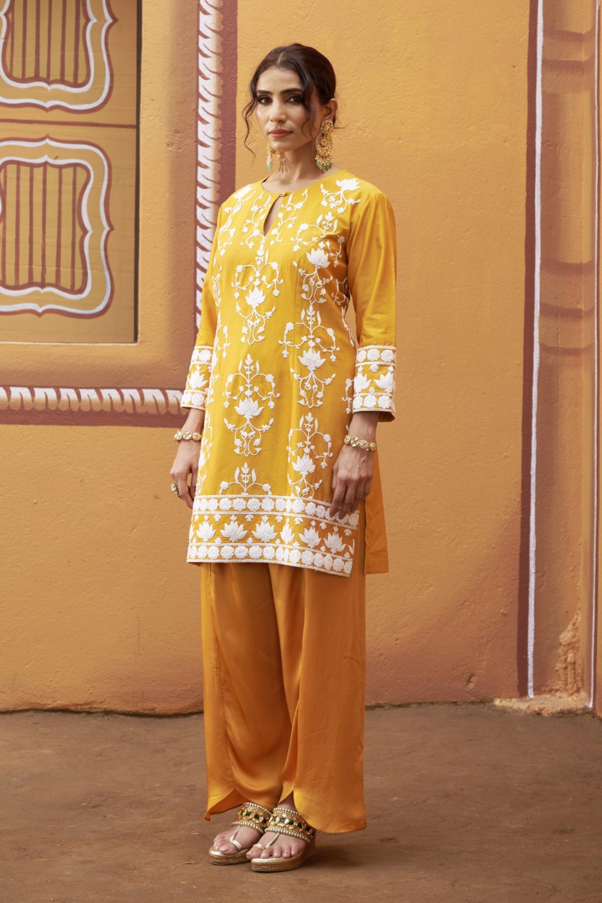 Mrinal Golden Yellow Lotus Motif Thread Work Kurta Set