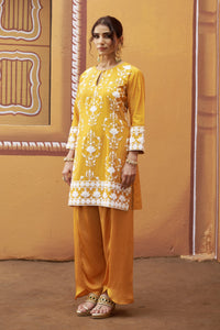 Mrinal Golden Yellow Lotus Motif Thread Work Kurta Set