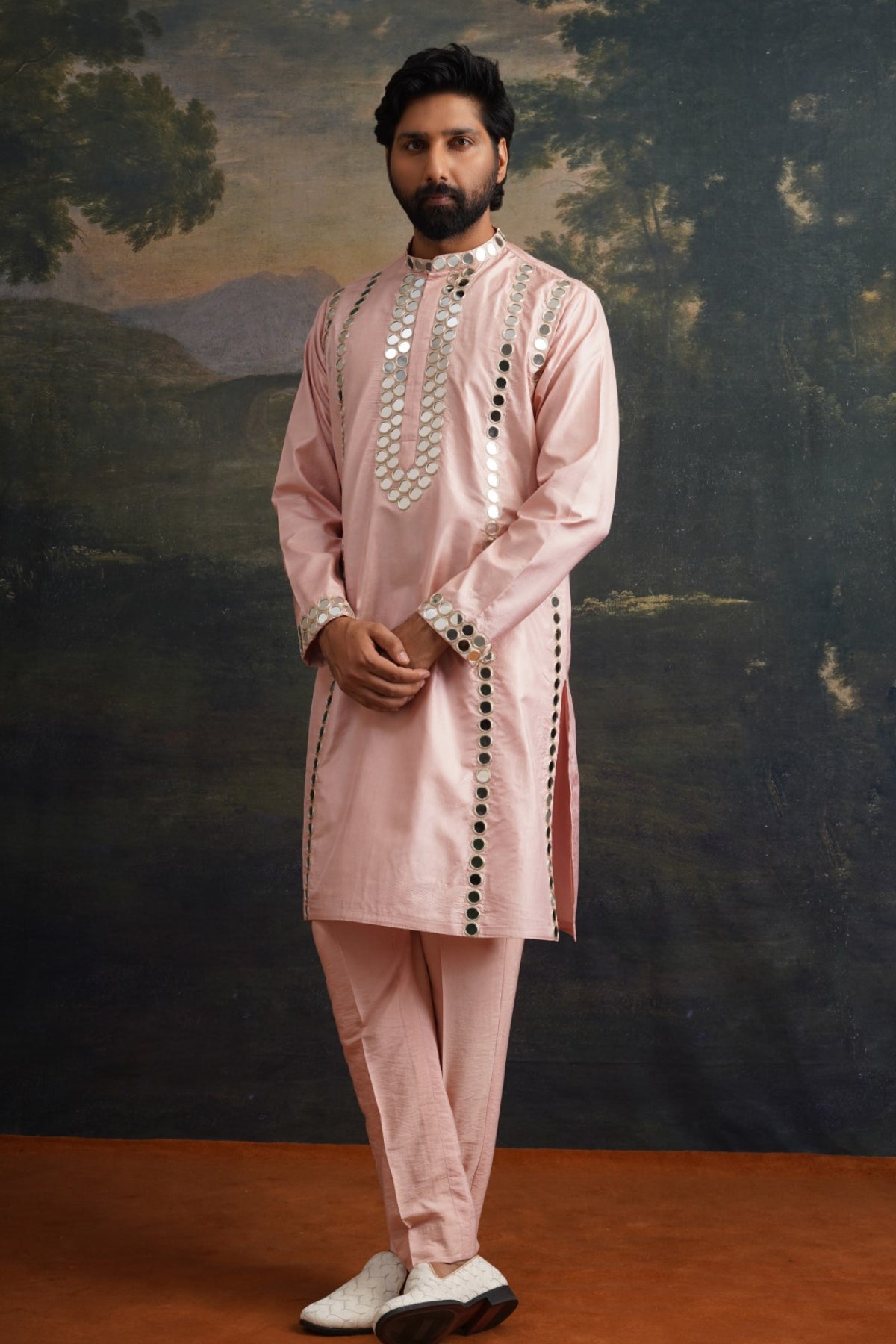 Mrit Clay Pink Full Hand Embroidered Mirror Work Kurta Set