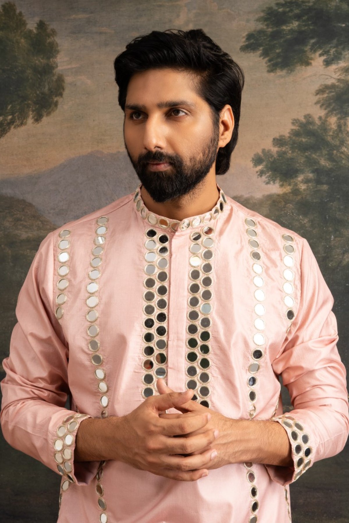 Mrit Clay Pink Full Hand Embroidered Mirror Work Kurta Set