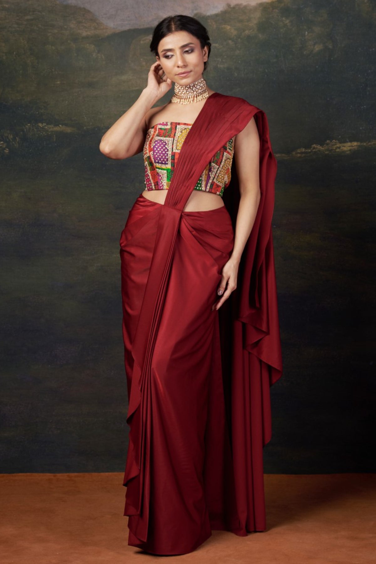 Naina - Red Stylish Strapless Hand-Embroidered Blouse with Pre-Draped Saree