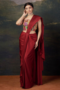 Naina - Red Stylish Strapless Hand-Embroidered Blouse with Pre-Draped Saree