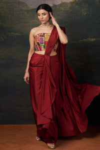 Naina - Red Stylish Strapless Hand-Embroidered Blouse with Pre-Draped Saree